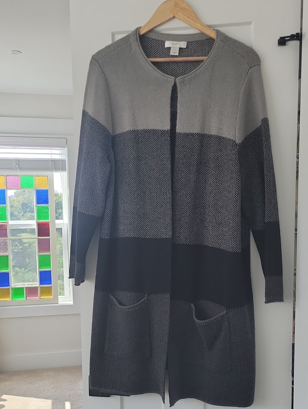 CJ Banks Long Open-Front Colorblock Cardigan in Gray and Black